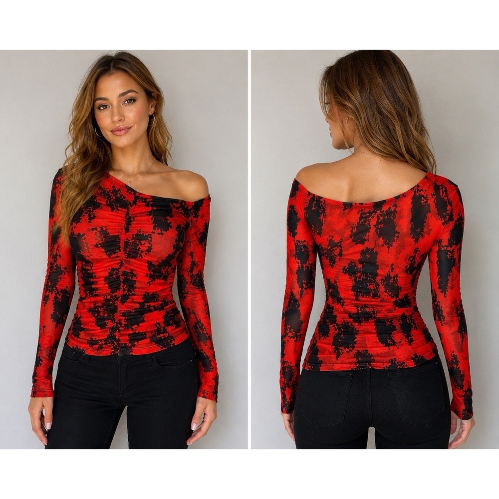NWT Nordstrom Cristina Martinez Ruched Mesh Top Red Black‎ Medium Blouse